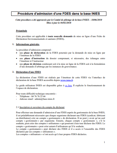 Procédure d’admission d’une FDES dans la Base INIES