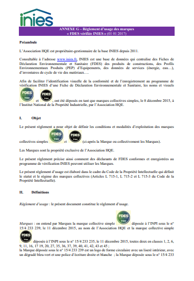 Règle d’usage des marques « FDES vérifiée INIES »