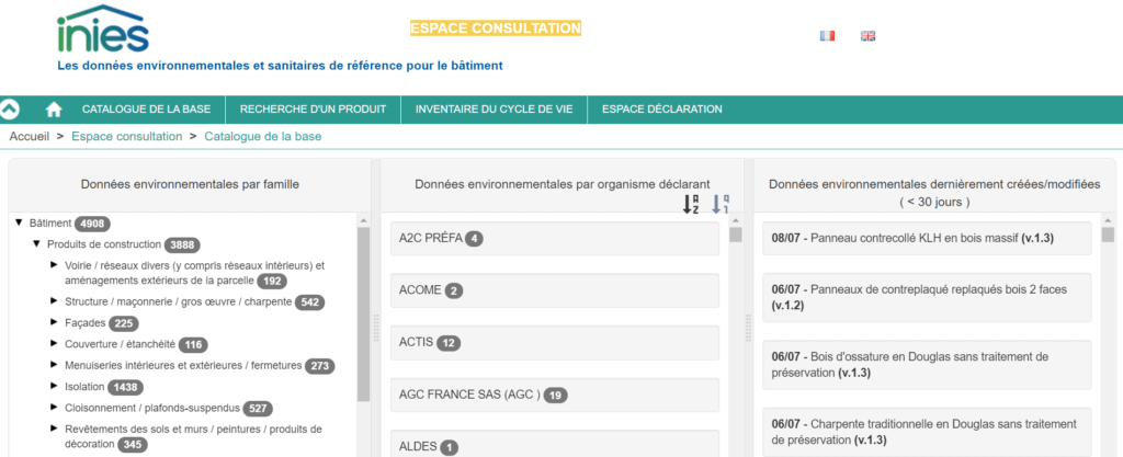Aperçu base INIES catalogue