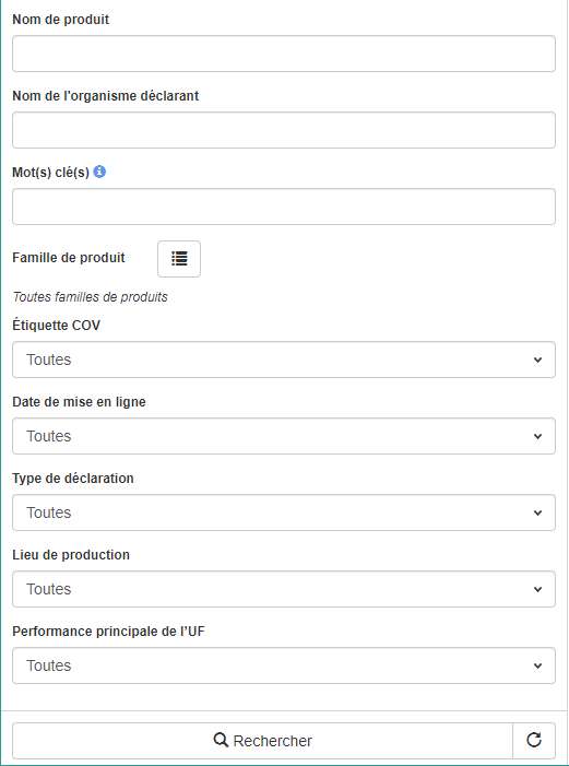 Critères de recherche base INIES